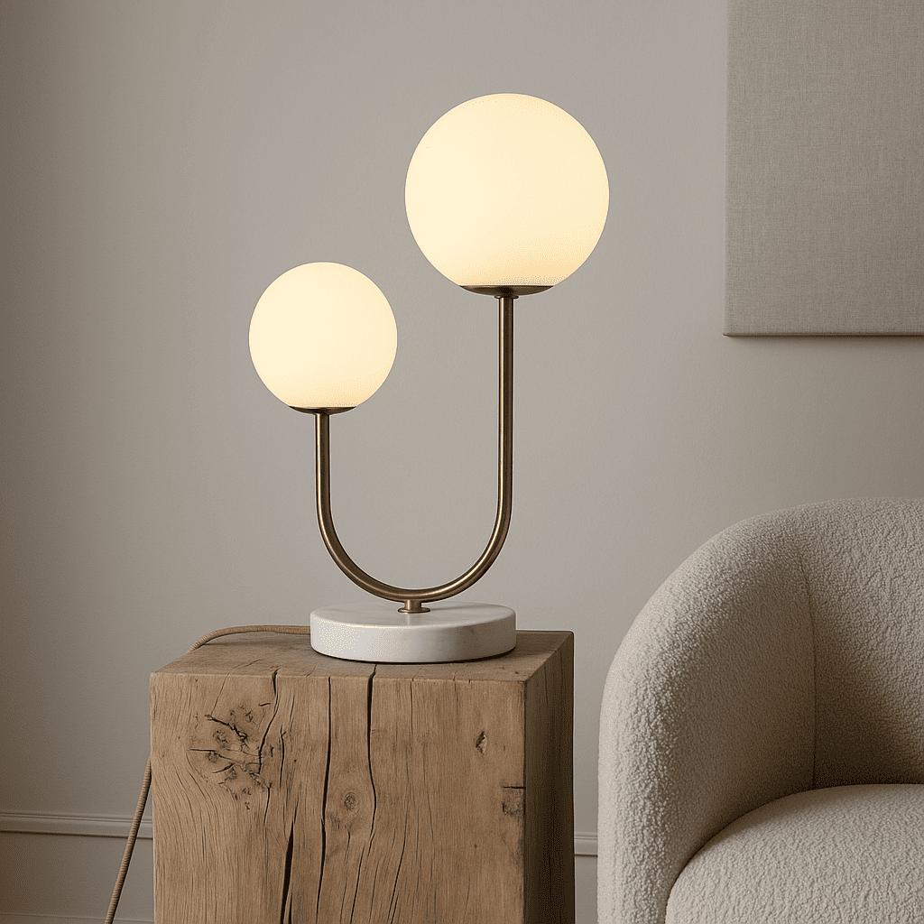Twee bolvormige lampen naast stoel